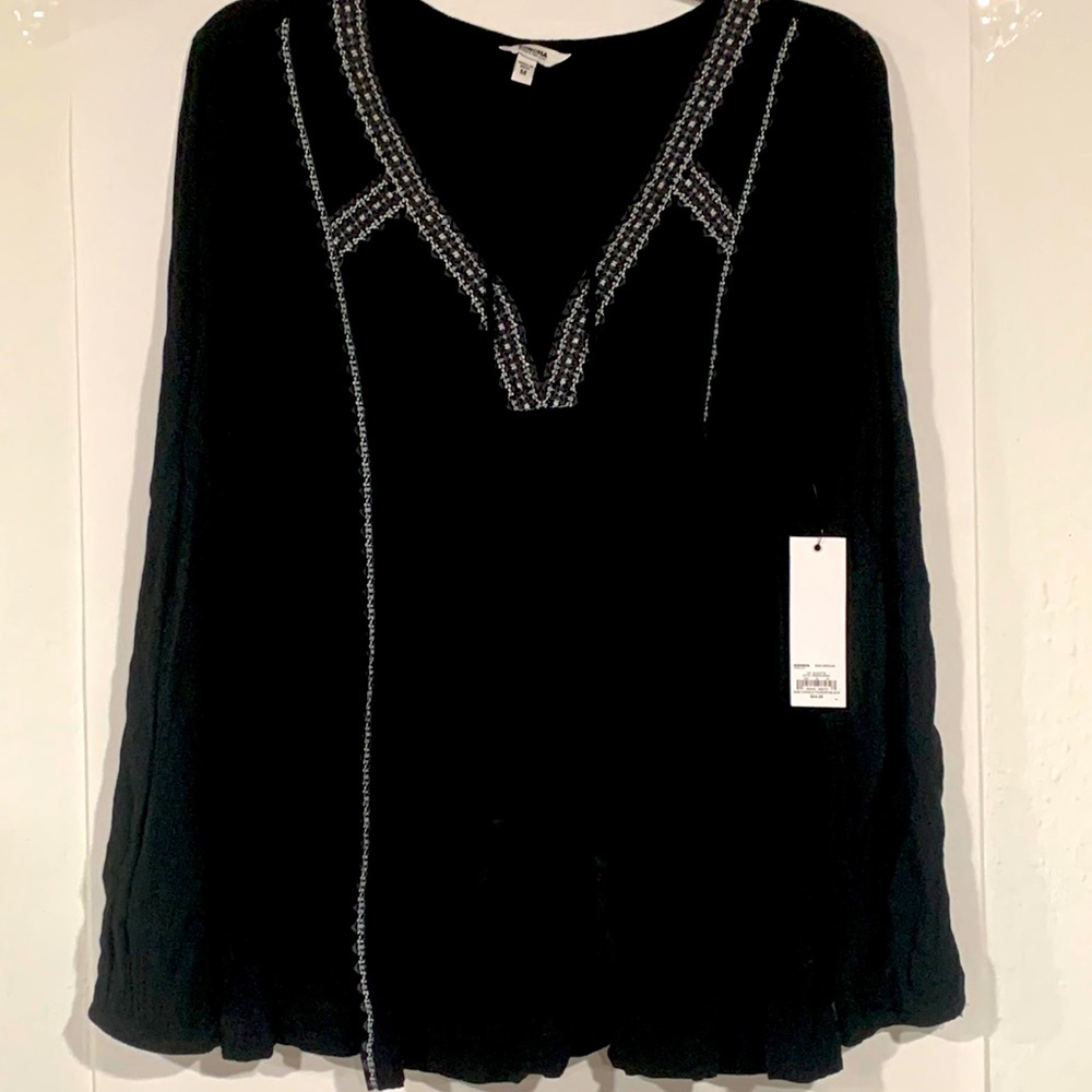 Sonoma Black V-Neck Crinkle Peasant Blouse (Medium) NWT